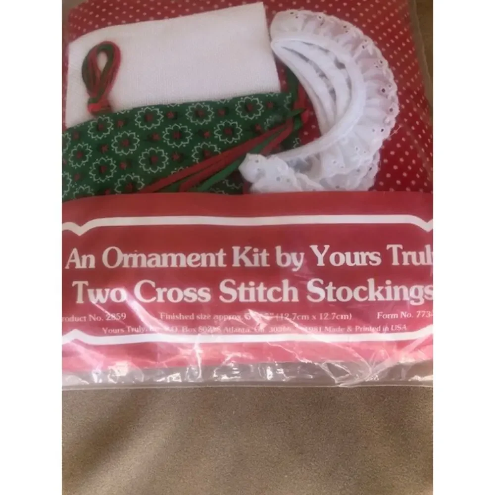 Christmas  Ornament Kit  Yours Truly Fabric Two Cross Stitch Stockings 1981